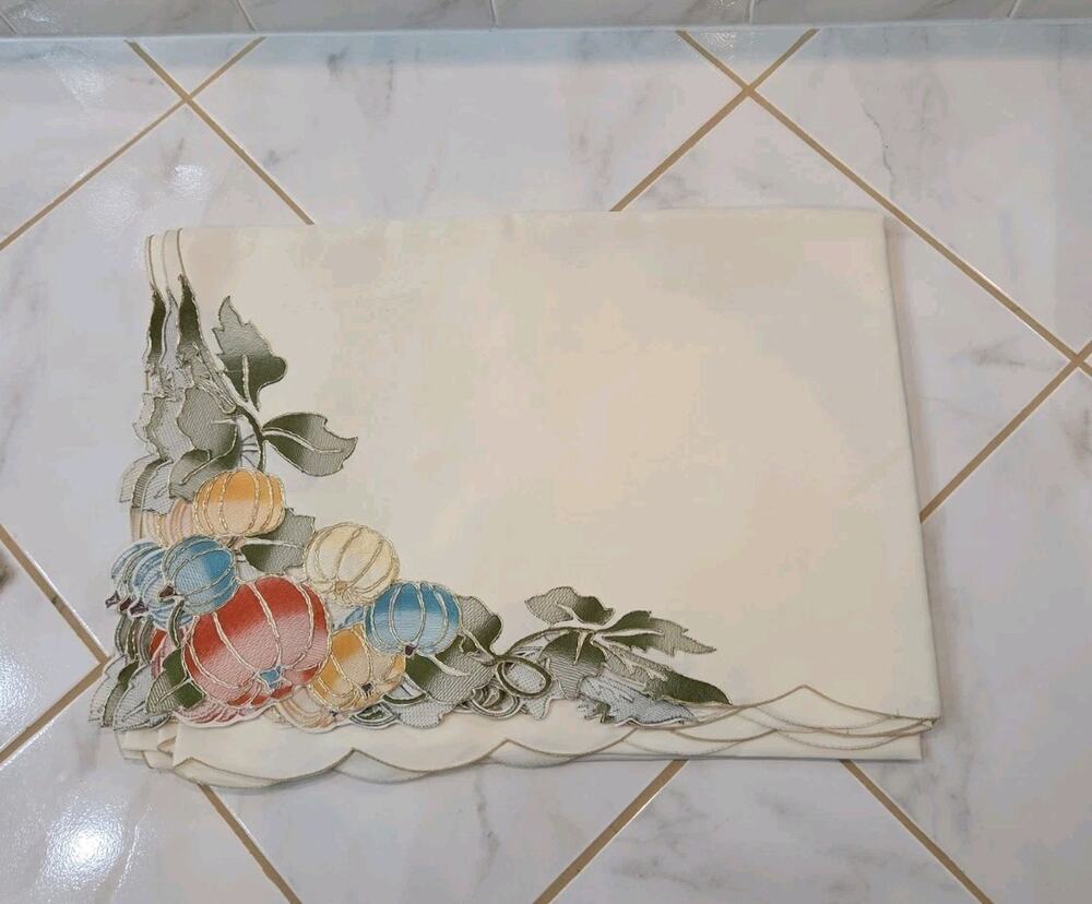 Evermaple Cream Embroidered Heirloom Blue Pumpkin Tablecloth 60x84 Rectangular